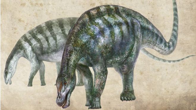 Illustration of a dinosaur with a long tail, green markings and a long snout
