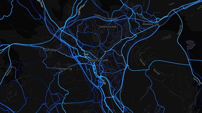 Мертир-Тидфил - велосипедные маршруты (от пользователей Strava 2015)