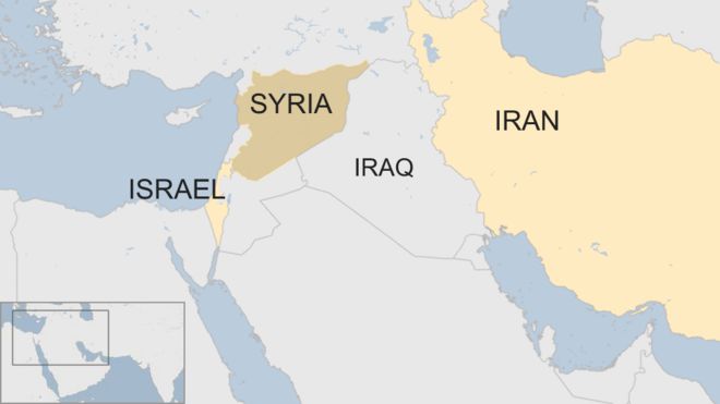 Карта с указанием мест расположения Израиля, Сирии и Ирана