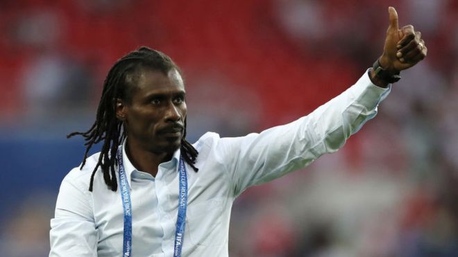 Aliou Cisse, Head coach of Senegal celebrates after the 2018 FIFA World Cup Russia group H match between Poland and Senegal at Spartak Stadium on June 19, 2018 in Moscow, Russia.