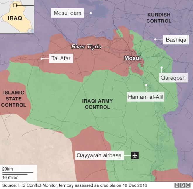 Карта, показывающая наступление правительственных сил вокруг иракского города Мосул