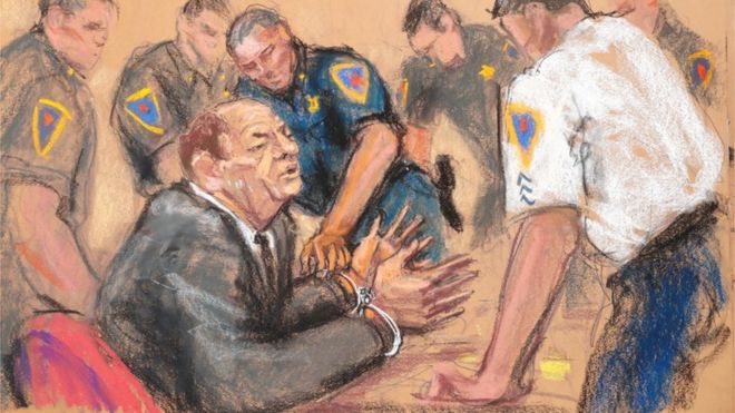 Судебный набросок показывает Харви Вайнштейна в наручниках после обвинительного приговора