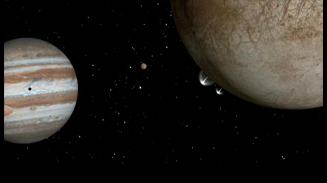 米航空宇宙局（NASA）は26日、木星の衛星エウロパから間欠泉のように水が噴き上げている様子をハッブル宇宙望遠鏡がとらえたと発表した。