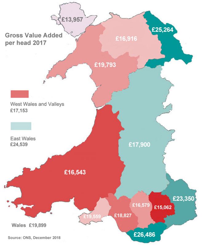 Карта, показывающая ВДС на душу населения для каждой области Уэльса
