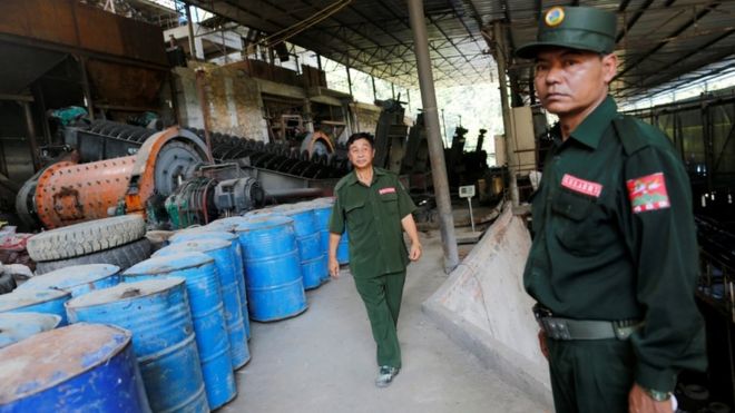 United Wa State Army soldiers seen in tin mine factory at Man Maw at ethnic Wa territory in Myanmar