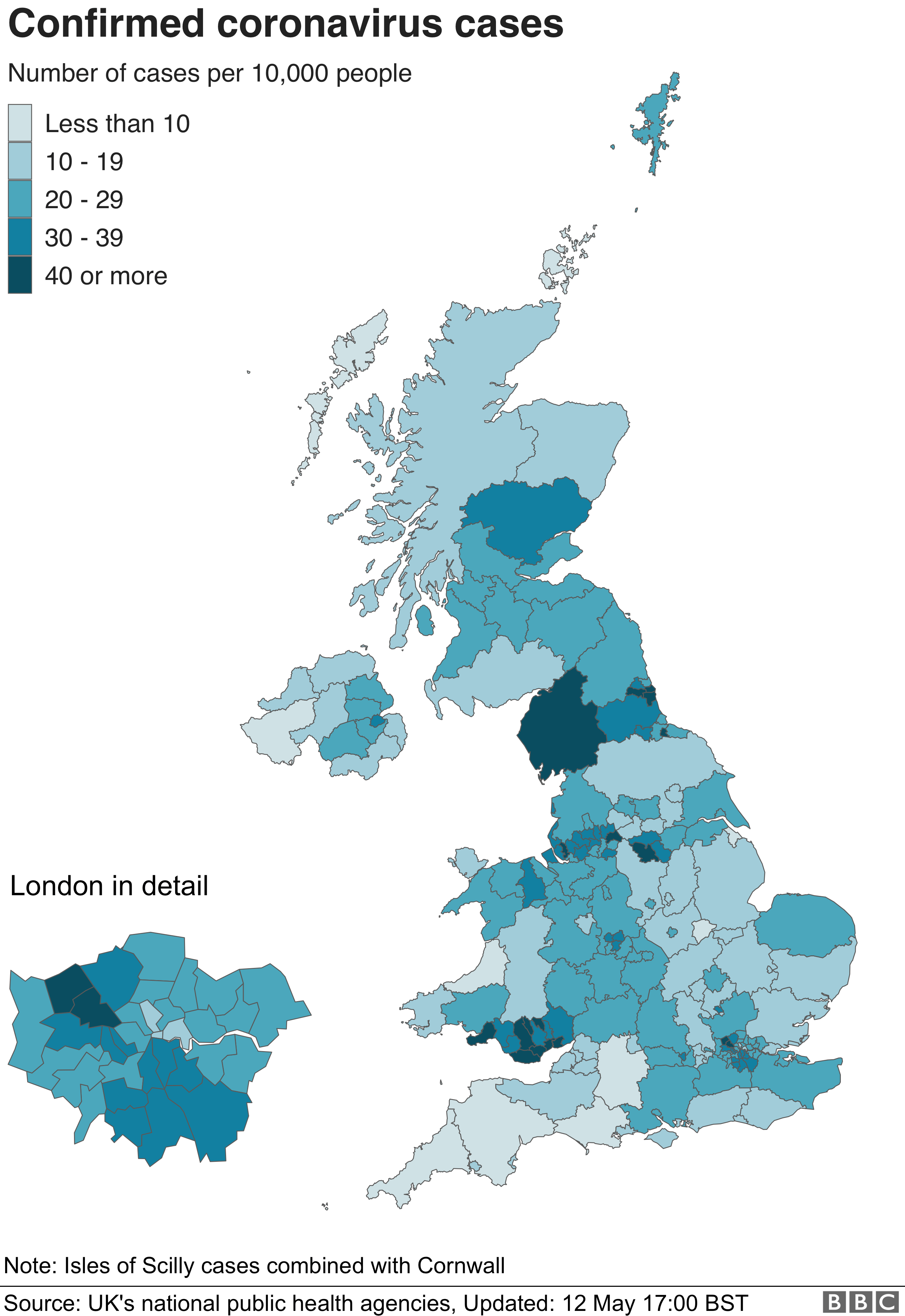 Map showing confirmed cases for each local authority area in the UK