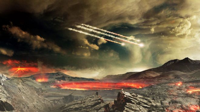 Ilustración de meteoritos bombardeando la Tierra antigua