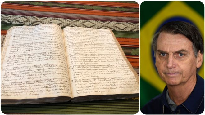 Foto del cuaderno con los registros del bautizo de Vittorio Bolzonaro, al lado de foto del candidato a la presidencia de Brasil.