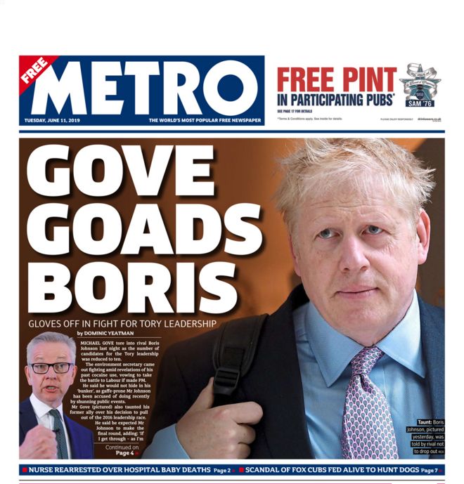 Front page of the Metro