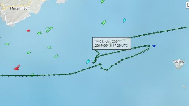 Маршрут корабля ACX Crystal до столкновения с USS Fitzgerald - 16 июня 2017 года