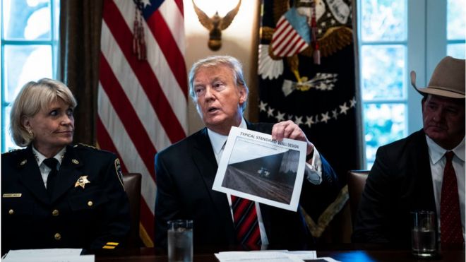Трамп держит фотографию «типичного стандартного дизайна стены», когда он говорит во время круглого стола на тему безопасности границ