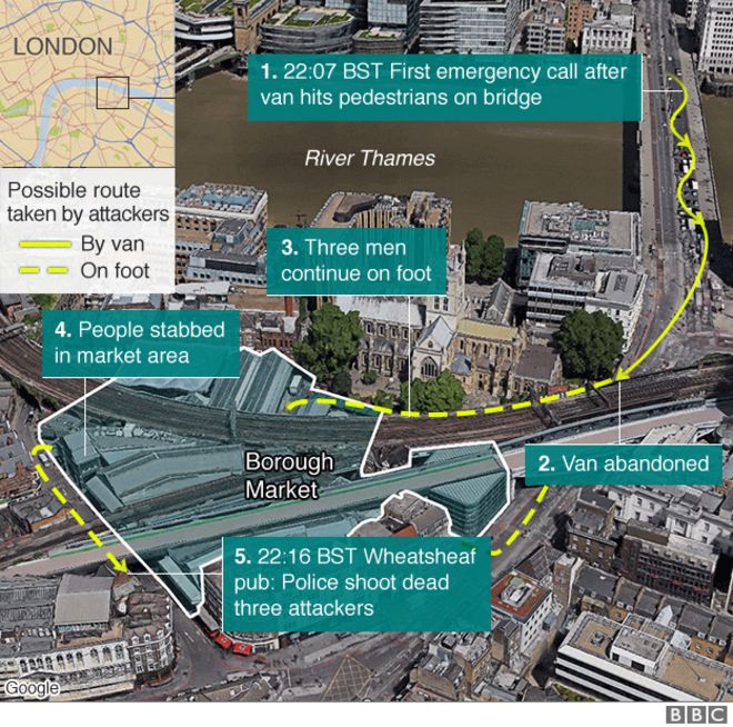 Карта района Лондонского моста и городского рынка и возможных маршрутов, по которым злоумышленники