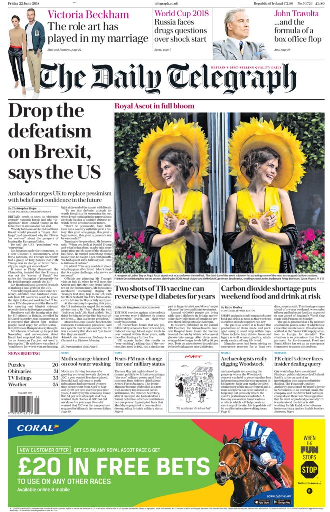 Daily Telegraph front page - 22/06/18