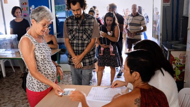 Voters cast their ballots for or against the independence of New Caledonia, November 4, 2018 in Noumea, New Caledonia