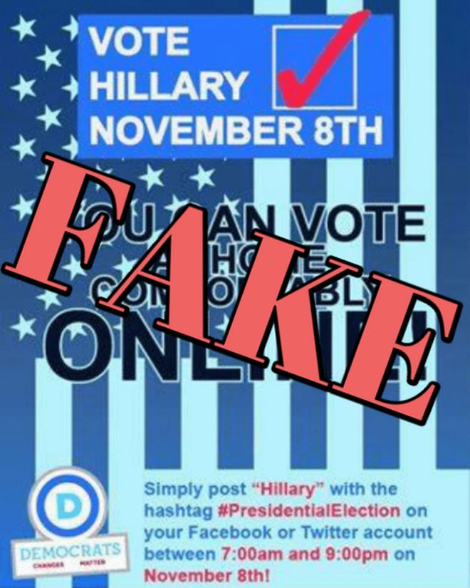 Один из фальшивых мемов, который проводил онлайн-туры, утверждал, что избиратели могут подавать свои бюллетени в Интернете