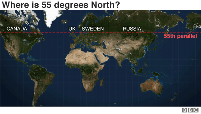 Карта, показывающая 55 градусов северной широты