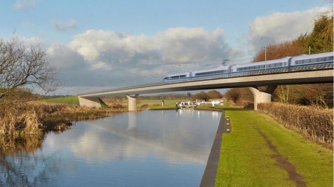 Генерированное изображение поезда HS2 на виадуке Бирмингем и Фазли