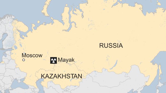 Map highlighting Russia and Kazakhstan, with location of the Mayak nuclear facility