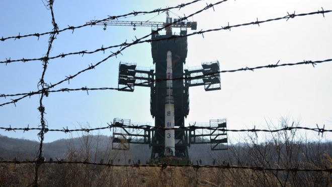 The North Korean Unha-3 rocket at the Sohae Satellite Launching Station, also known as Tongchang-ri on 8 April 2012
