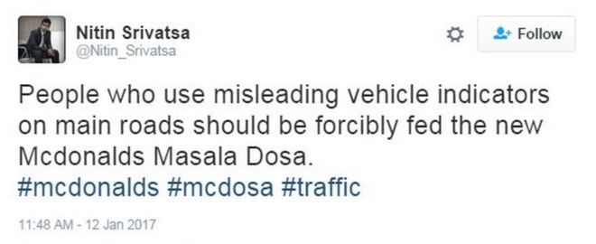Людей, использующих вводящие в заблуждение указатели транспортных средств на главных дорогах, следует принудительно кормить новым Mcdonalds Masala Dosa.