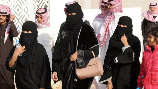 Saudi women in abayas and niqabs
