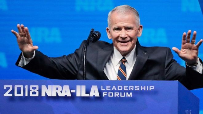 Oliver North speaks at an NRA convention in Dallas, Texas, US on 4 May 2018.