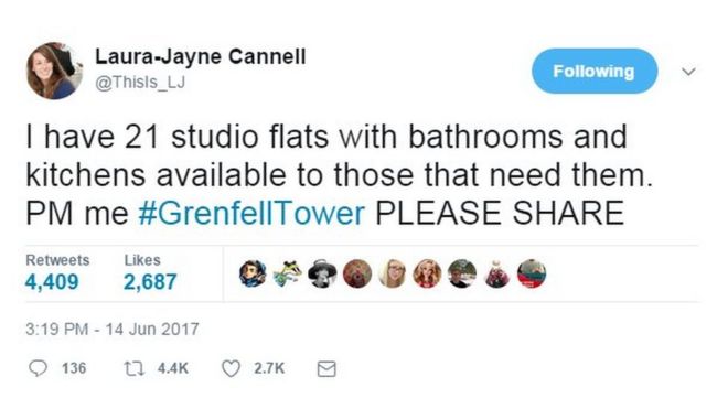 Tweet предлагает размещение для жертв Grenfell Tower