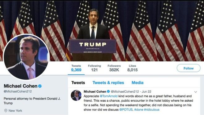 Предыдущий профиль мистера Коэна в Твиттере, показанный 23 июня 2018 года, представлял его на митинге Трампа