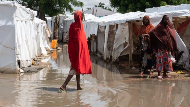 The refugee camp in Maiduguri of Nigeria shelters people who fled the Boko Haram insurgency