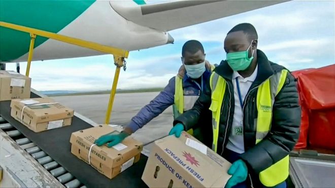 Наземный персонал загружает свежие продукты в Boeing 787 Kenya Airways