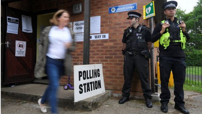 Two police officers outside a polling station