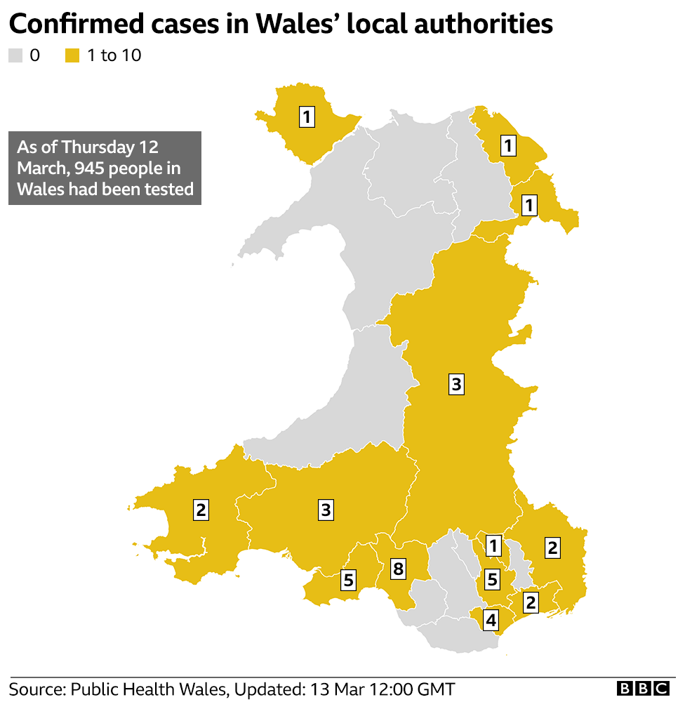 Последняя карта с положительными тестами в Уэльсе