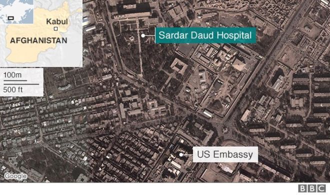 Map showing location of Kabul military hospital by US embassy
