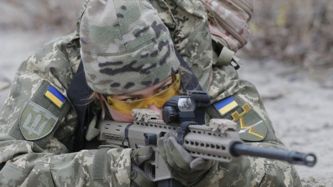 A Ukrainian military reservist during a military exercise on Saturday