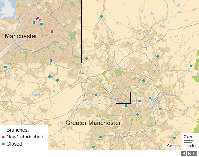карта Манчестера, показывающая закрытие банков и открытий