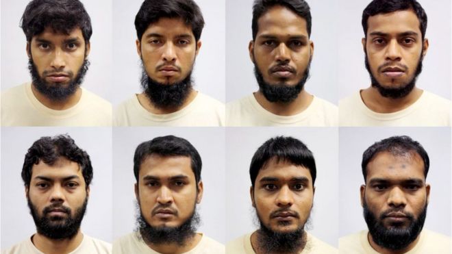 Составное изображение, выданное 3 мая 2016 года Министерством внутренних дел Сингапура, с изображением восьми граждан Бангладеш, задержанных по подозрению в сговоре с целью совершения террористических актов