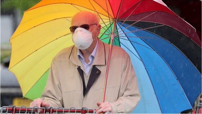 Man with mask and rainbow umbrella