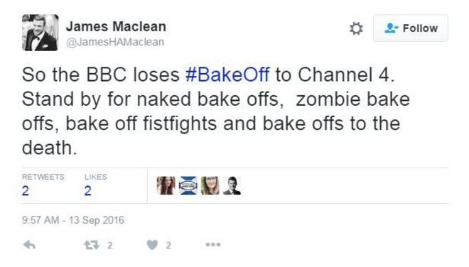 Джеймс Маклин в Твиттере: Таким образом, BBC проигрывает «Bake Off» на 4-м канале. Готовьтесь к голым выпеканиям, зомби, выпечке кулачных боев и выпечке до смерти