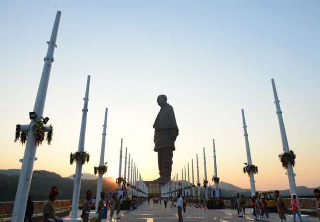 Indian policemen stand guard near the 'Statue Of Unity', the world's tallest statue dedicated to Indian independence leader Sardar Vallabhbhai Patel.