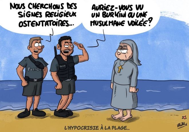 Мультяшный показывает полицию и монахиню на пляже