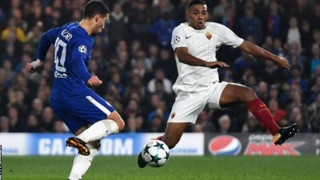 Eden Hazard akifunga mojawapo ya mabao yake mawaili dhidi ya AS Roma