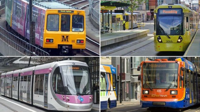 По часовой стрелке сверху слева: Tyne and Wear Metro, Manchester Metrolink, Sheffield Supertram, Midland Metro