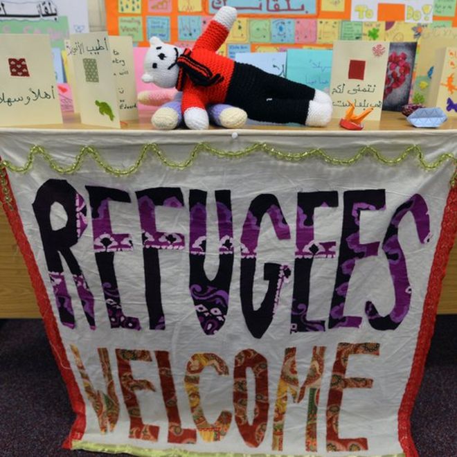 Знак с надписью «Добро пожаловать беженцам»