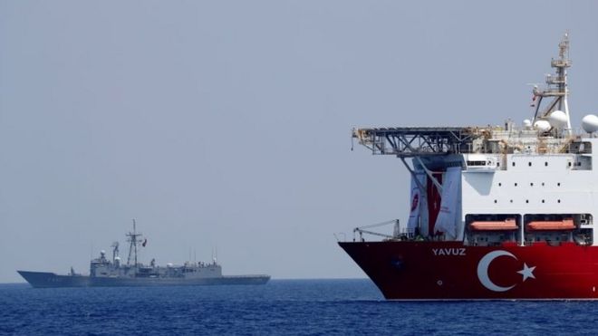The Turkish drilling vessel Yavuz is seen being escorted by a Turkish Navy frigate in the eastern Mediterranean