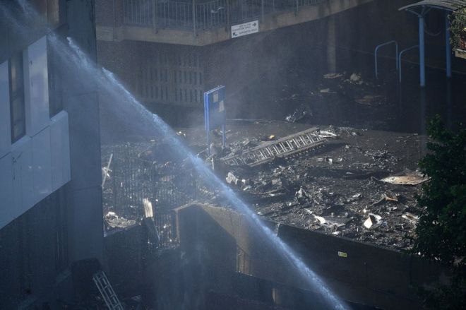 Пожарные используют реактивный самолет для борьбы с огромным пожаром в башне Гренфелл в Латимер-Роуд, Западный Лондон