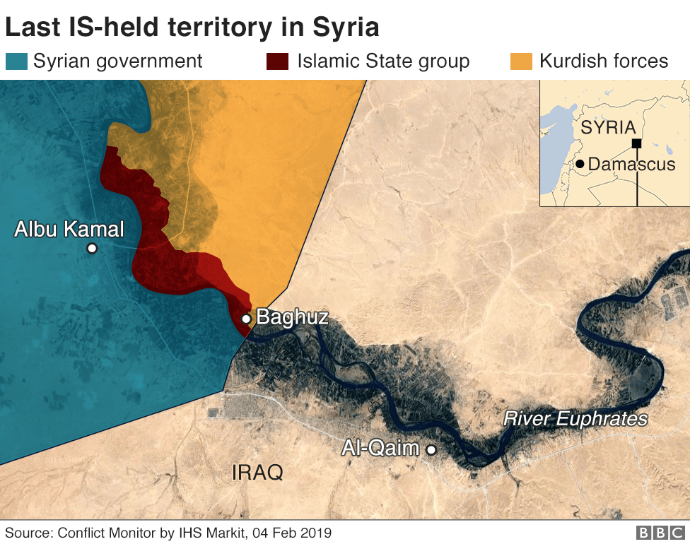 Карта, показывающая последнюю территорию, удерживаемую ИС в Сирии (7 февраля 2019 г.)
