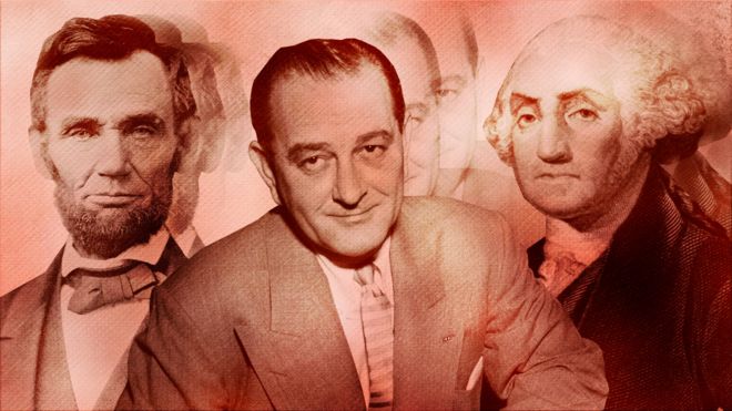 Abraham Lincoln (left), LBJ (middle) and George Washington