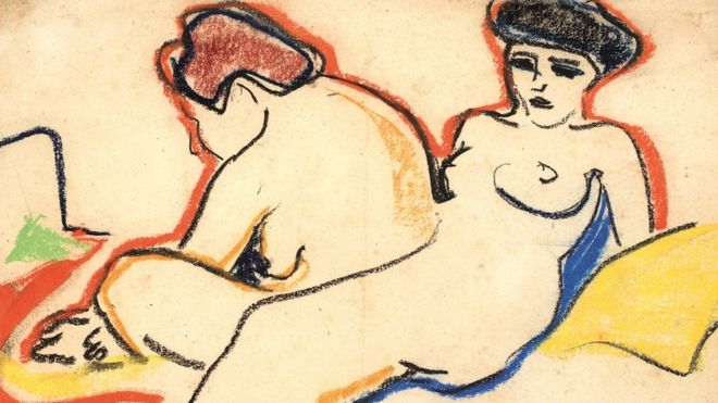 Dibujo de dos mujeres desnudas, del artista alemán Ernst Ludwig Kirchner