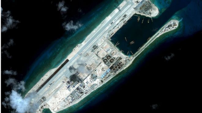 Fiery Cross reef, located in the disputed Spratly Islands in the South China Sea, is shown in this handout Center for Strategic and International Studies (CSIS) Asia Maritime Transparency Initiative satellite image taken 3 September 2015 and released to Reuters 27 October 2015