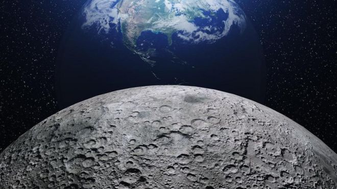 Ilustração da Lua com a Terra ao fundo